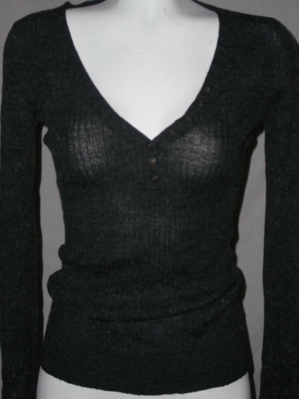 Charcoal Gray Ribbed V-Neck Sweater Button Detail Long Sleeves Slim Fit Size S